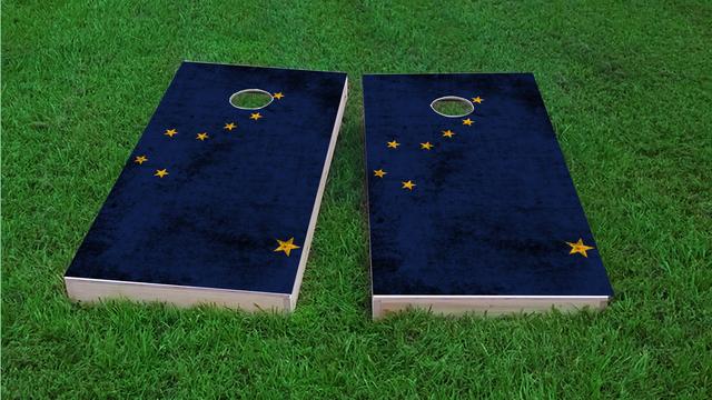 Worn State (Alaska) Flag Themed Custom Cornhole Board Design