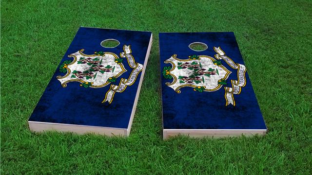 Worn State (Connecticut) Flag Themed Custom Cornhole Board Design