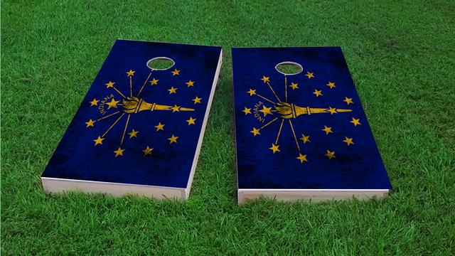 Worn State (Indiana) Flag Themed Custom Cornhole Board Design