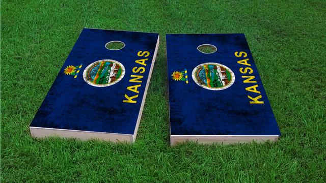 Worn State (Kansas) Flag Themed Custom Cornhole Board Design