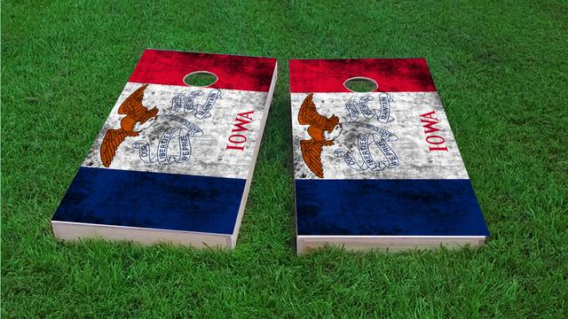 Worn State (Iowa) Flag Themed Custom Cornhole Board Design