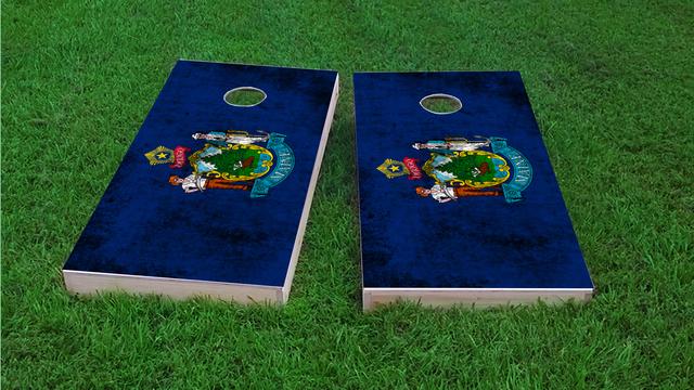 Worn State (Maine) Flag Themed Custom Cornhole Board Design