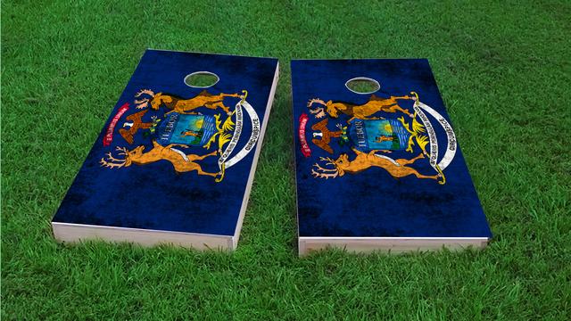 Worn State (Michigan) Flag Themed Custom Cornhole Board Design