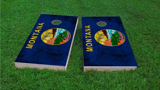 Worn State (Montana) Flag Themed Custom Cornhole Board Design