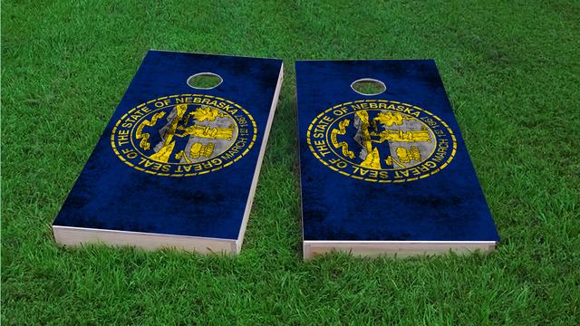 Worn State (Nebraska) Flag Themed Custom Cornhole Board Design