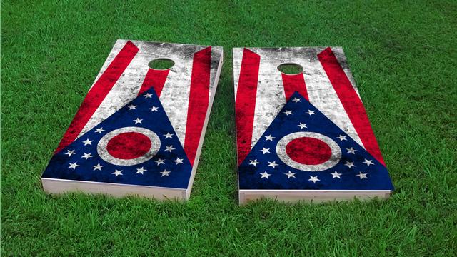 Worn State (Ohio) Flag Themed Custom Cornhole Board Design