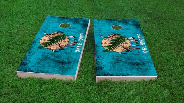 Worn State (Oklahoma) Flag Themed Custom Cornhole Board Design