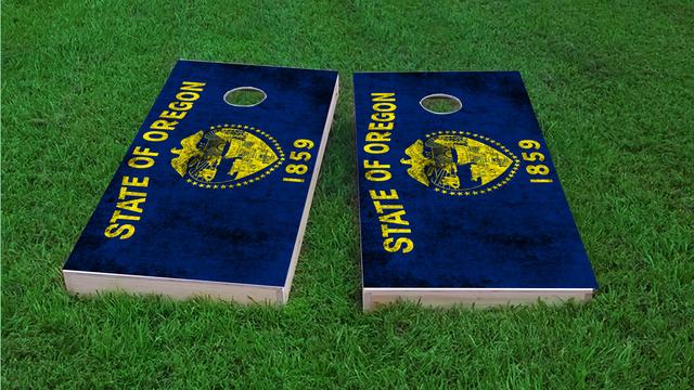 Worn State (Oregon) Flag Themed Custom Cornhole Board Design