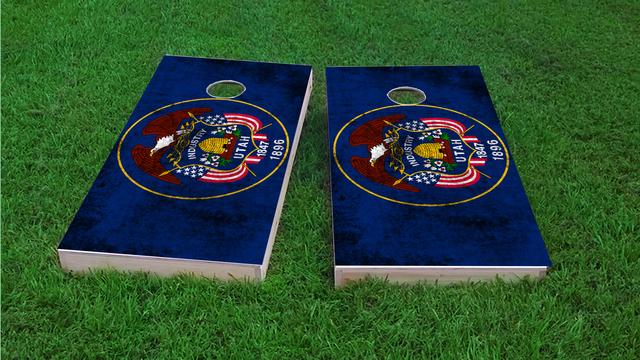 Worn State (Utah) Flag Themed Custom Cornhole Board Design