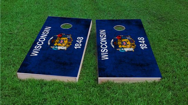 Worn State (Wisconsin) Flag Themed Custom Cornhole Board Design