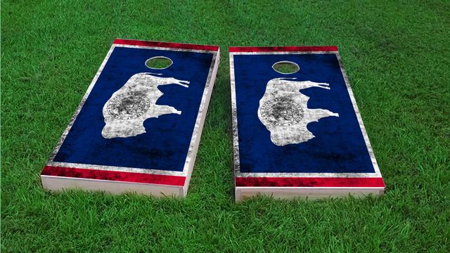 Worn State (Wyoming) Flag Themed Custom Cornhole Board Design