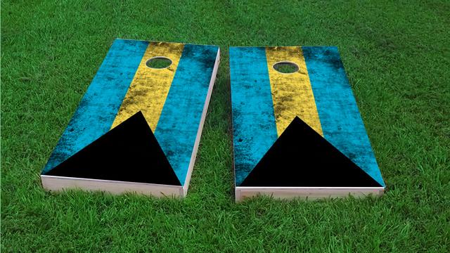 Worn National (Bahamas) Flag Themed Custom Cornhole Board Design