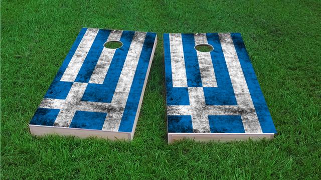 Worn National (Greece) Flag Themed Custom Cornhole Board Design