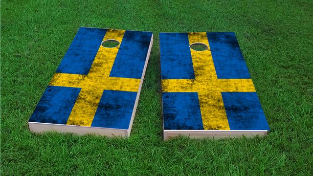 Worn National (Sweden) Flag Themed Custom Cornhole Board Design