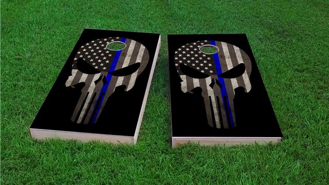 Blue Line Punisher Themed Custom Cornhole Board Design