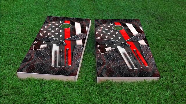 Punisher American Flag Thin Red Line Themed Custom Cornhole Board Design