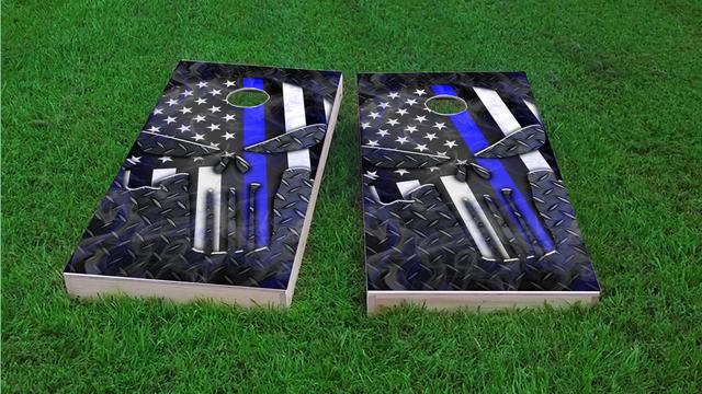 Punisher American Flag Thin Blue Line Themed Custom Cornhole Board Design