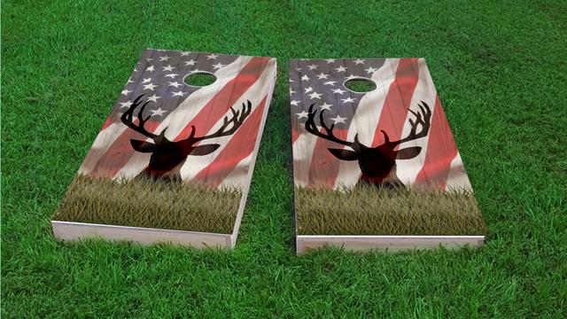 American Flag With Deer Faded Themed Custom Cornhole Board Design