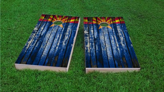 Distressed Wood Flag (Arizona) Themed Custom Cornhole Board Design