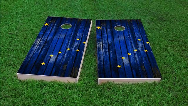 Distressed Wood Flag (Alaska) Themed Custom Cornhole Board Design