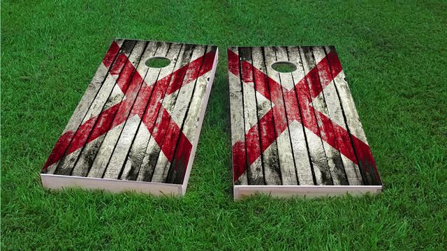 Distressed Wood Flag (Alabama) Themed Custom Cornhole Board Design