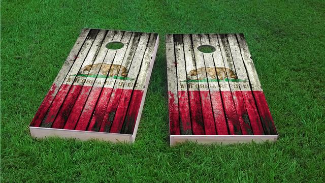 Distressed Wood Flag (California) Themed Custom Cornhole Board Design