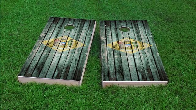 Distressed Wood Flag (Delaware) Themed Custom Cornhole Board Design