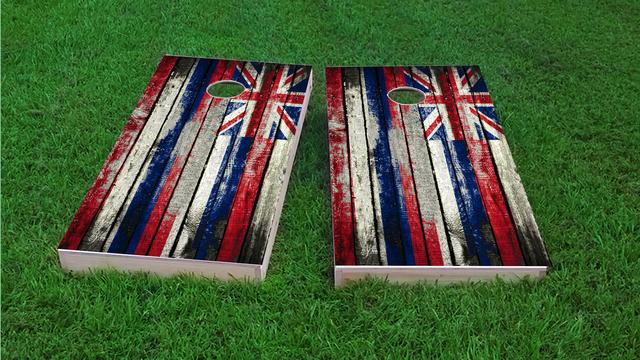 Distressed Wood Flag (Hawaii) Themed Custom Cornhole Board Design