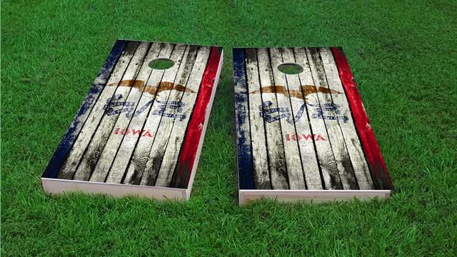 Distressed Wood Flag (Iowa) Themed Custom Cornhole Board Design