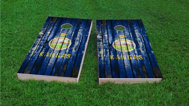 Distressed Wood Flag (Kansas) Themed Custom Cornhole Board Design