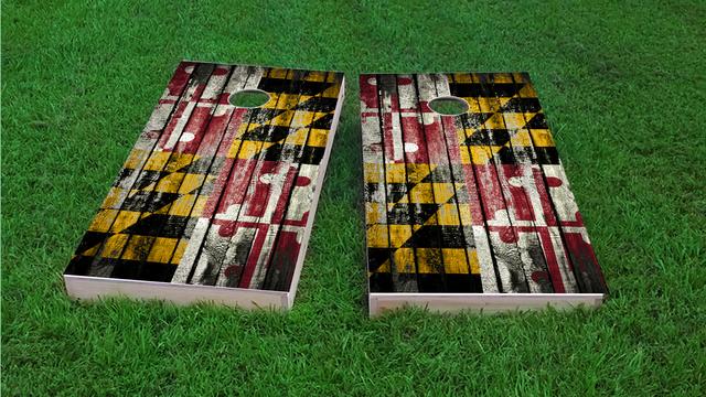 Distressed Wood Flag (Maryland) Themed Custom Cornhole Board Design