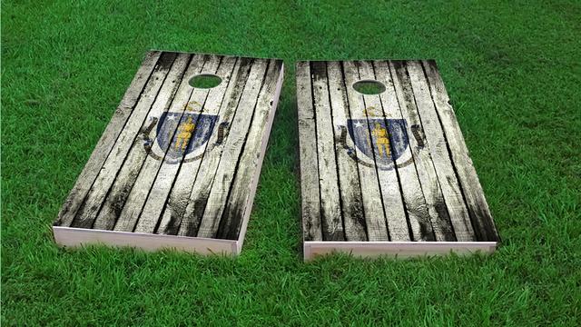 Distressed Wood Flag (Massachusetts) Themed Custom Cornhole Board Design