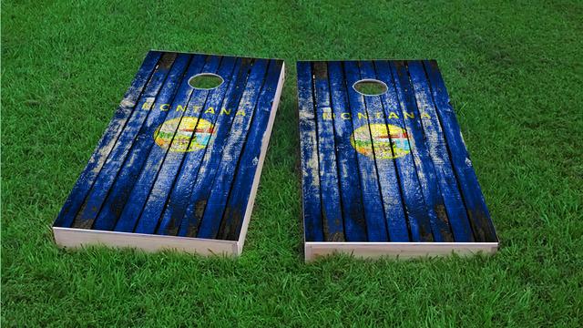 Distressed Wood Flag (Montana) Themed Custom Cornhole Board Design