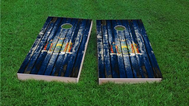 Distressed Wood Flag (New York) Themed Custom Cornhole Board Design