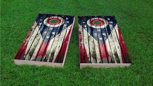 Distressed Wood Flag (Ohio) Themed Custom Cornhole Board Design