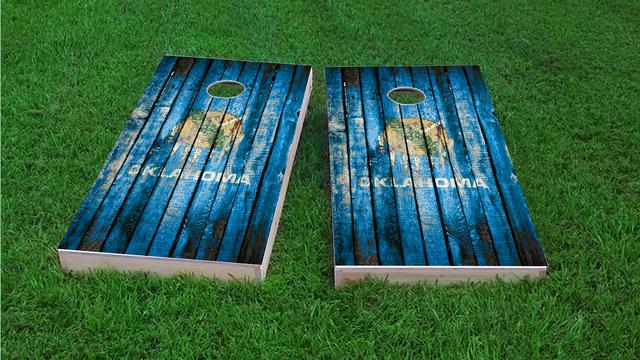 Distressed Wood Flag (Oklahoma) Themed Custom Cornhole Board Design