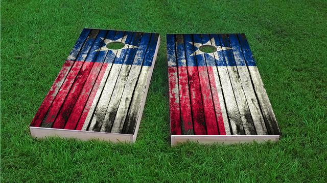 Distressed Wood Flag (Texas) Themed Custom Cornhole Board Design