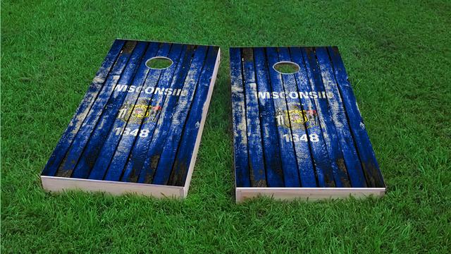 Distressed Wood Flag (Wisconsin) Themed Custom Cornhole Board Design