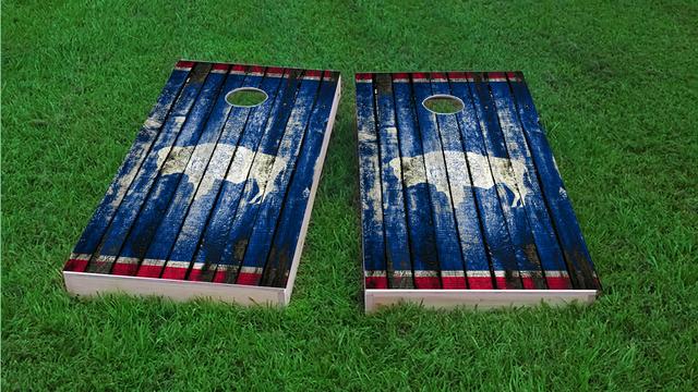 Distressed Wood Flag (Wyoming) Themed Custom Cornhole Board Design