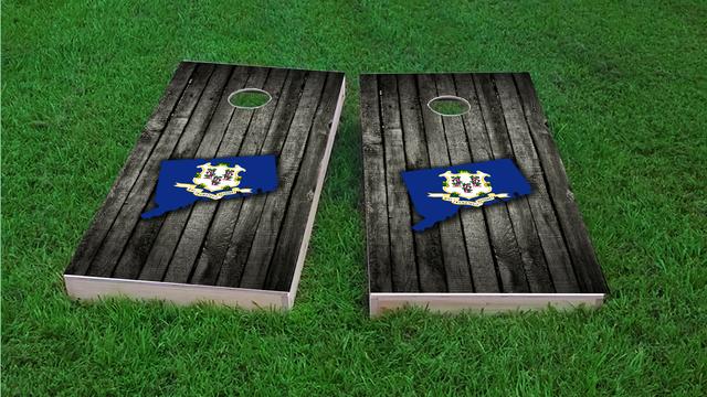 Wood Slate State Flag & Map (Connecticut) Themed Custom Cornhole Board Design