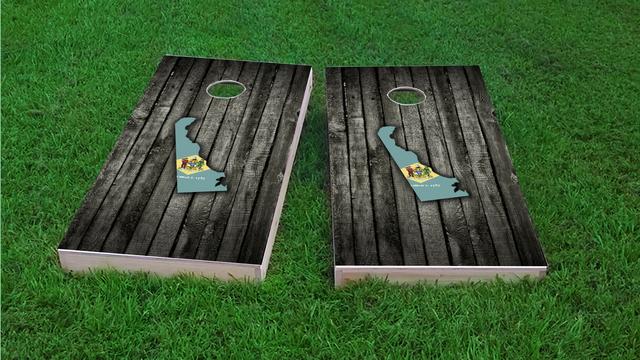 Wood Slate State Flag & Map (Delaware) Themed Custom Cornhole Board Design