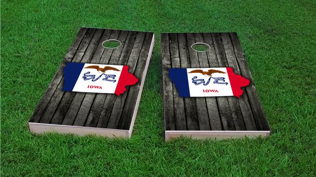 Wood Slate State Flag & Map (Iowa) Themed Custom Cornhole Board Design