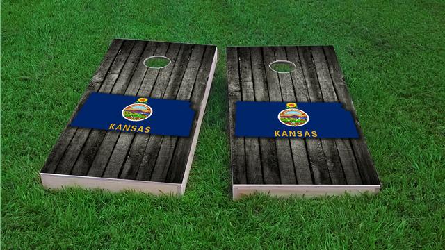 Wood Slate State Flag & Map (Kansas) Themed Custom Cornhole Board Design