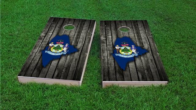 Wood Slate State Flag & Map (Maine) Themed Custom Cornhole Board Design