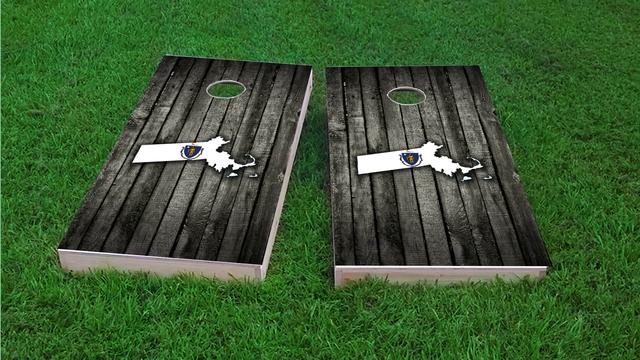 Wood Slate State Flag & Map (Massachusetts) Themed Custom Cornhole Board Design