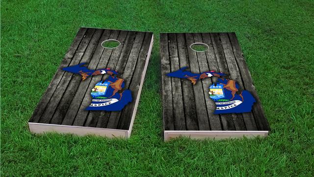 Wood Slate State Flag & Map (Michigan) Themed Custom Cornhole Board Design