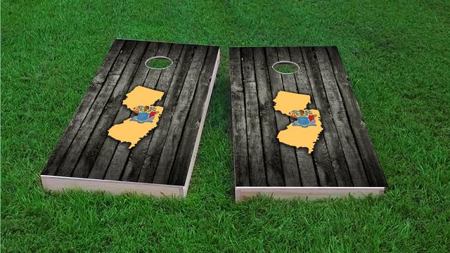 Wood Slate State Flag & Map (New Jersey) Themed Custom Cornhole Board Design