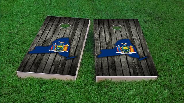 Wood Slate State Flag & Map (New York) Themed Custom Cornhole Board Design