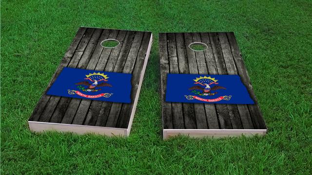 Wood Slate State Flag & Map (North Dakota) Themed Custom Cornhole Board Design