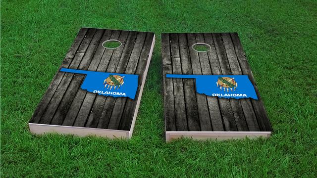 Wood Slate State Flag & Map (Oklahoma) Themed Custom Cornhole Board Design